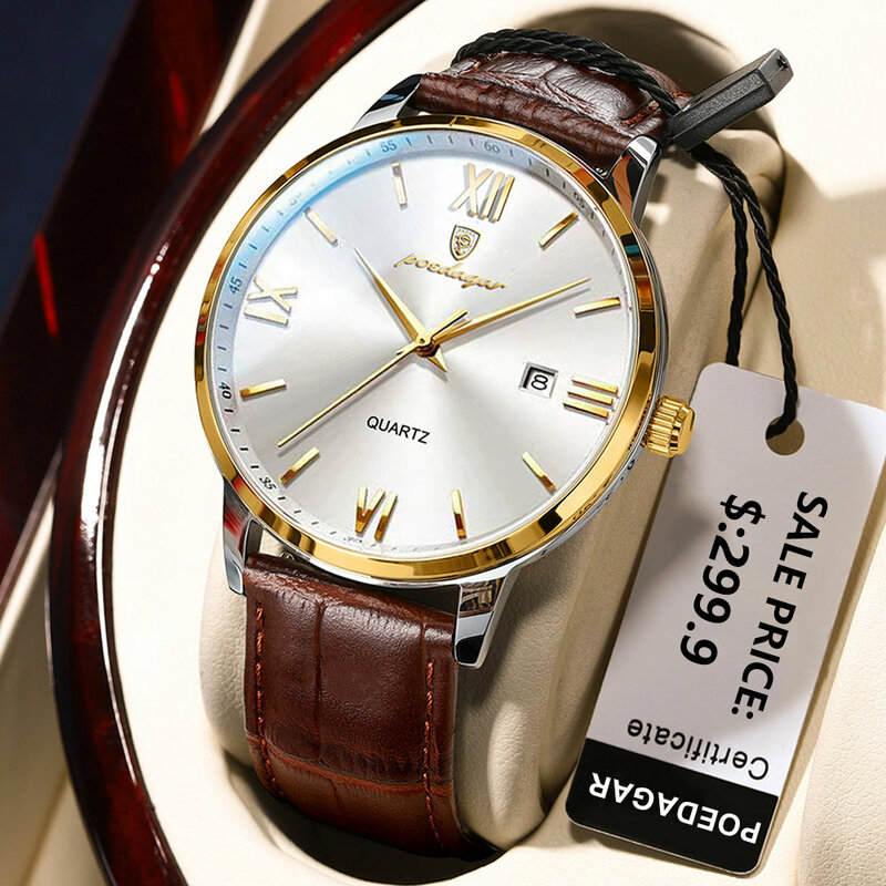 Poedagar relógios masculinos marca superior de luxo relógio de pulso de couro relógio de quartzo esportes à prova dwaterproof água masculino relógio de negócios + caixa