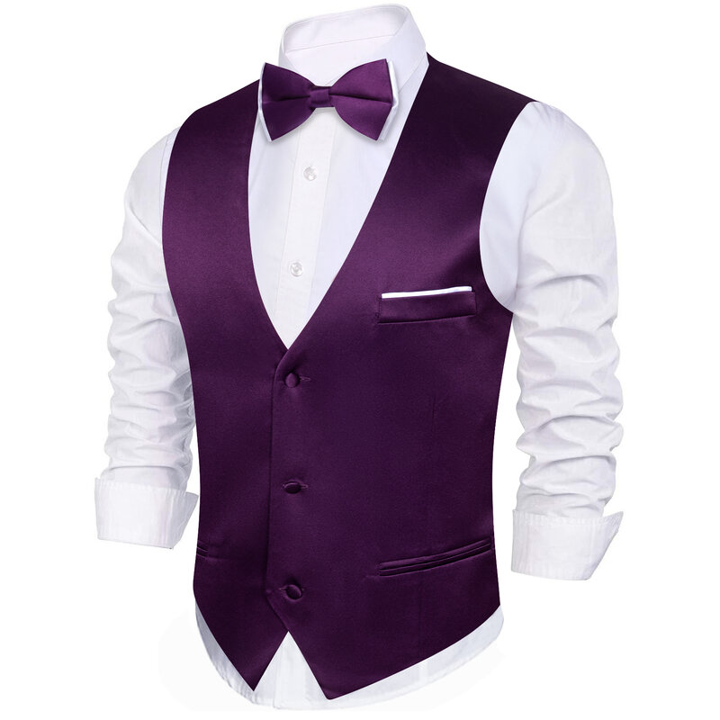 Elegant Vest for Men Purple Silk Solid Wedding Party Waistcoat Bowtie Set V Neck Male Sleeveless Jacket Barry Wang