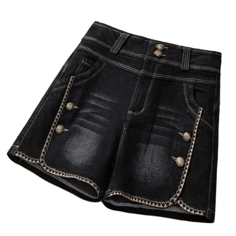 Calça jeans reta de cintura alta feminina, calça azul e preta, shorts de vaqueiro de bolso, botão fino, moda feminina, verão, quente, novo, 2023