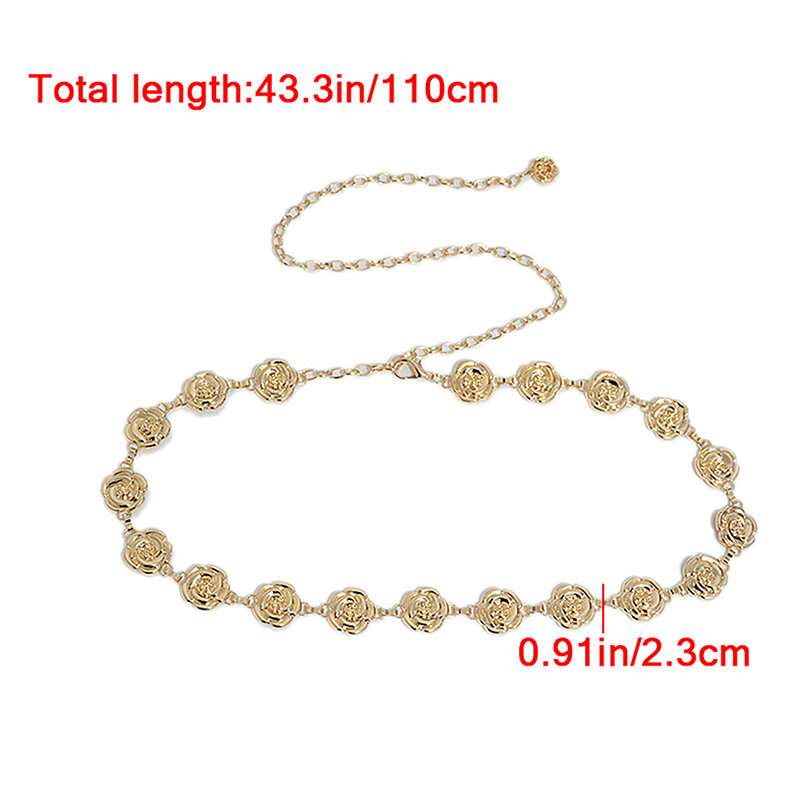 1Pc Rose Chain Belt Women Fashion Metal Thin Shiny Flower Belts Female Jeans Dress Decoration Belt Gold Silver