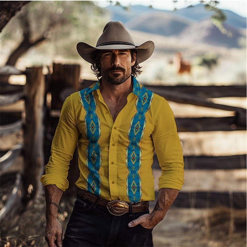 Мужская Повседневная рубашка с длинным рукавом, желтая стрейчевая рубашка в стиле ретро, с цветочным принтом, в западном стиле, весна 2024