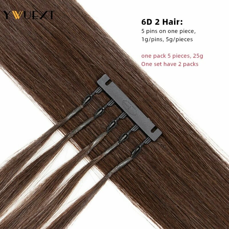 YWUEXT-Extensions de Cheveux Humains Raides Brun Foncé 2 # 6D, 16-24 Pouces, Machine Remy, Micro Anneaux, 5 Broches 6D 2