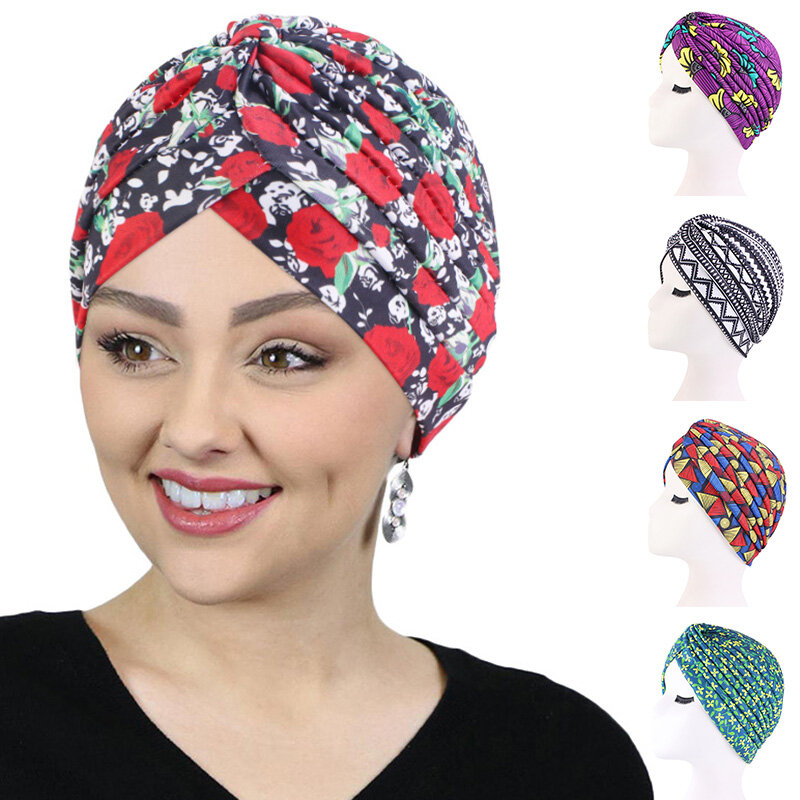 Print Flower Muslim Turban Cancer Chemo Beanie Scarf Turban Lady Head Wrap Knitted Cap Elegant Headscarf Stretchy Decor Headband