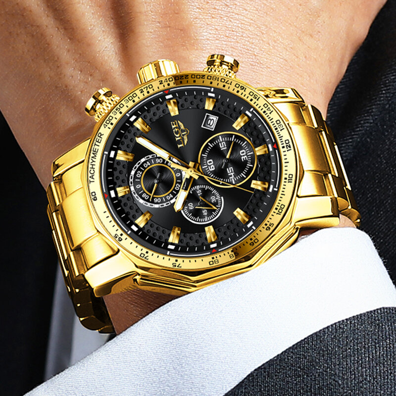 LIGE นาฬิกาข้อมือผู้ชายนาฬิกาข้อมือ Big Sport นาฬิกาผู้ชายหรูหราทหารนาฬิกาข้อมือควอตซ์ Chronograph Gold ชายนาฬิกา