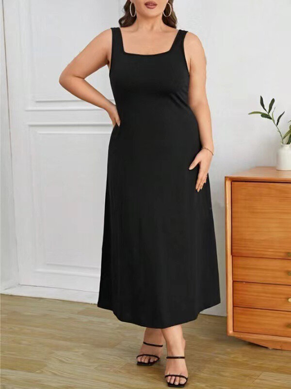 GIBSIE Plus Size Black Square Neck Tank Dress Women's Fashion Summer Sundress Female Casual Solid A-line Sleeveless Maxi Dresses