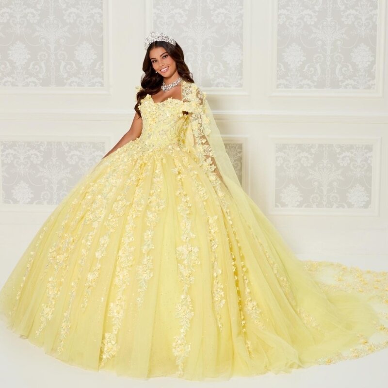 Vestidos De quinceañera amarillos con capa 2024, cuentas De lentejuelas, flores 3D con capa, princesa dulce 16, Vestidos De 15 años