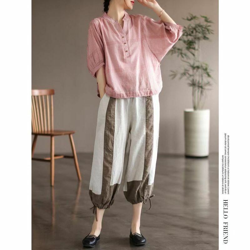 2024 New Summer Fashion Minimalist Retro Color Blocking Casual Loose Oversize High Waisted Cotton Linen Harlan Pants for Women