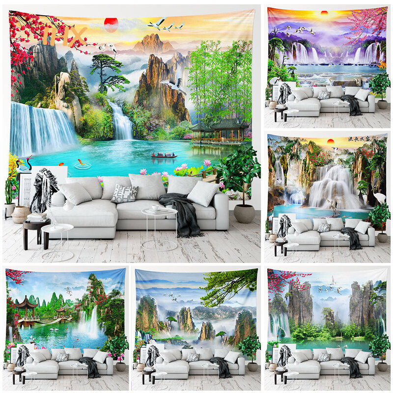 Tapeçaria de parede estilo chinês para decoração de quartos, cachoeira de alta montanha, paisagem natural, suspensão estética, decoração