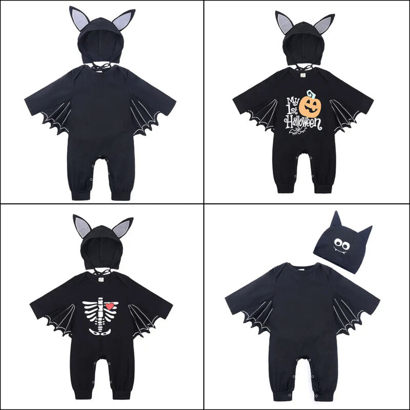 Halloween Baby Black Bat Costume Cosplay Romper Jumpsuit Infant Boys Girls Purim Party Carnival Fancy Dress Long Short