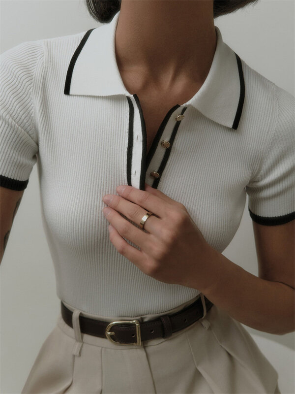 Tossy-suéter de punto de manga corta para mujer, Jersey acanalado ajustado con solapa, Top elegante con contraste