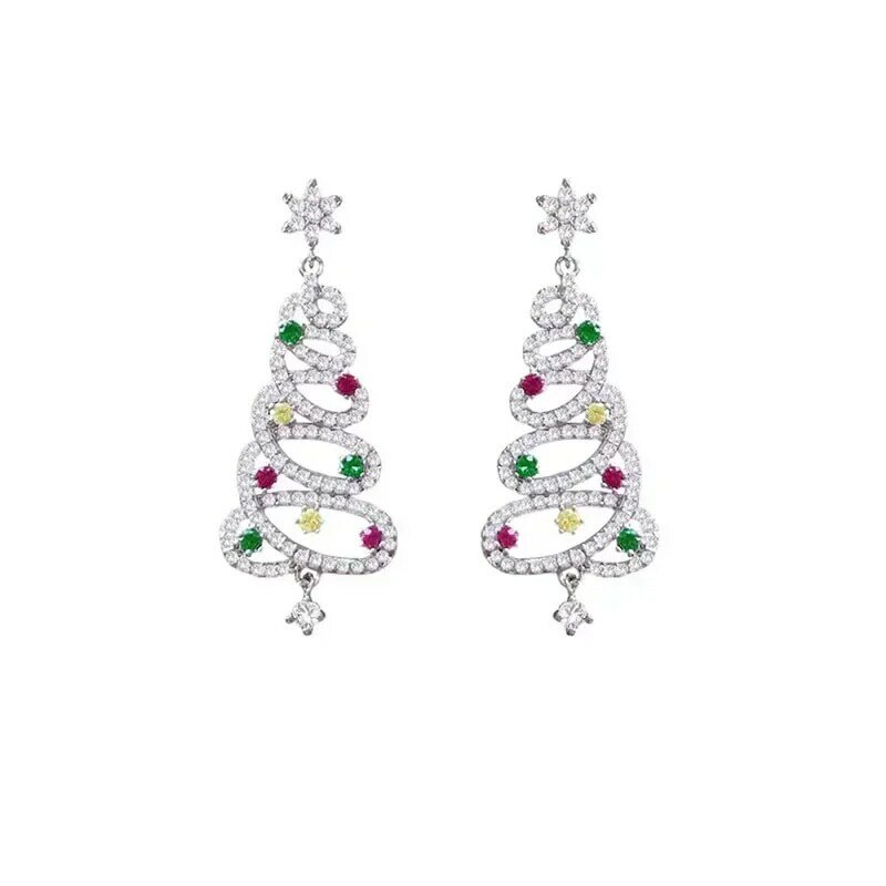 Anting-anting pohon Natal zirkon berwarna berlian hadiah Natal indah mode kepribadian anting-anting Natal manis aksesoris