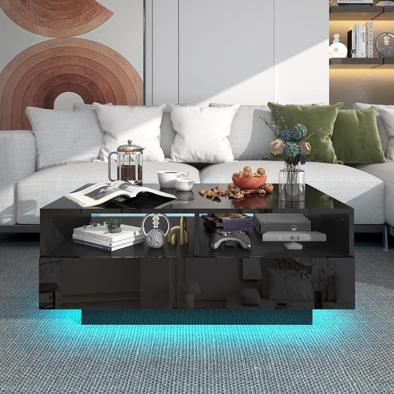 Couch tisch mit 4 Schiebe schubladen, hoch glänzender moderner Mittel tisch mit 20 Farben LED-Leuchten für Wohnzimmer Schlafzimmer