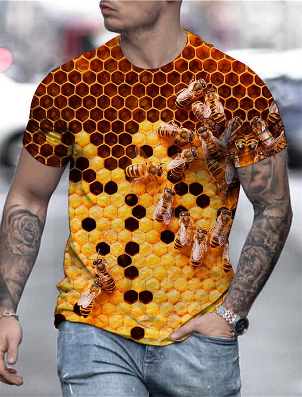Camiseta con estampado 3D de miel de abeja para hombre, ropa de verano, cuello redondo, manga corta, Tops sueltos, camisetas divertidas de alta calidad
