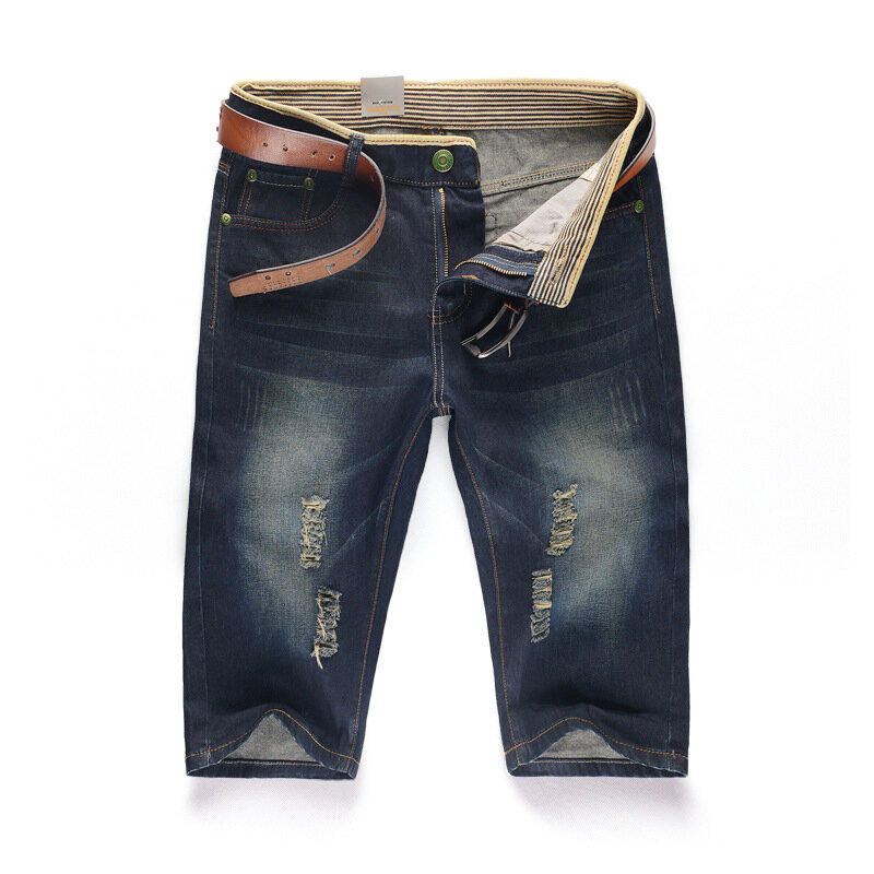 Pantalones de mezclilla perforados lavables personalizados para hombres, pantalones medianos casuales grandes, 28-40, verano, nuevo