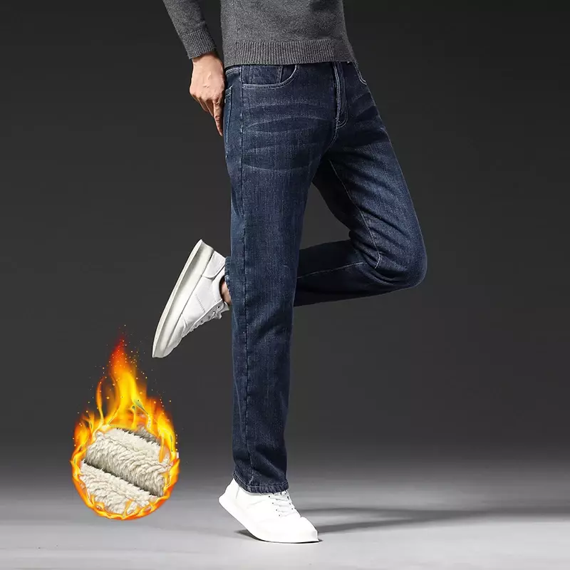 Calça jeans stretch grossa micro grossa de lã para homens, calça térmica stretch, casual de negócios clássico, nova marca, inverno, 2023