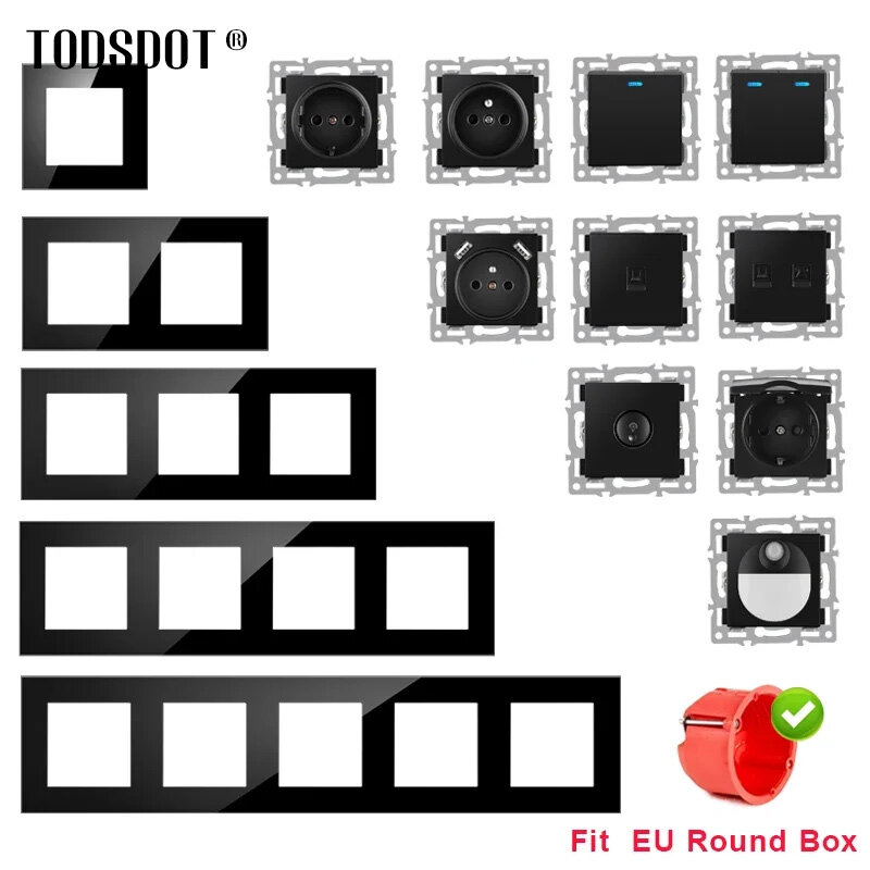 Настенный модуль TODSDOT европейского стандарта «сделай сам», выключатель с черной стеклянной панелью и кнопками, вертикальная функция без комбинации
