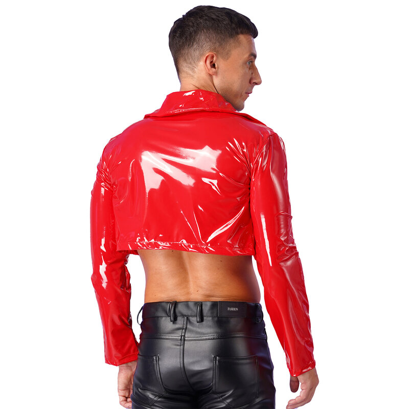 Giacca in pelle verniciata da moto da uomo cappotto corto con risvolto a maniche lunghe effetto bagnato per Party Music Festival Clubwear abbigliamento da uomo