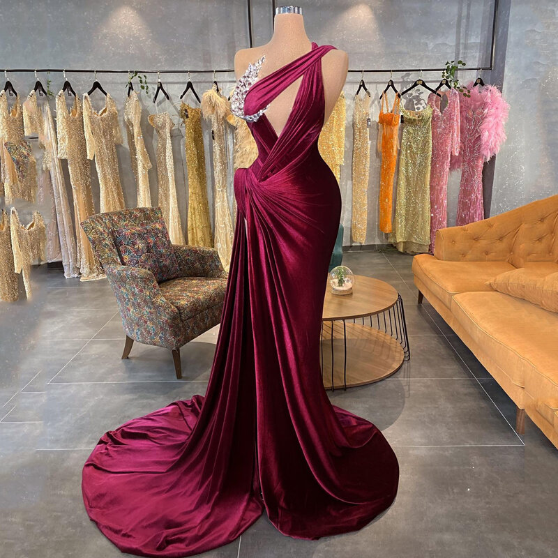 Thinyfull-Vestidos de Fiesta de sirena, vestido de noche de terciopelo de un hombro con abalorios, Arabia Saudita, Dubai, talla grande, 2023