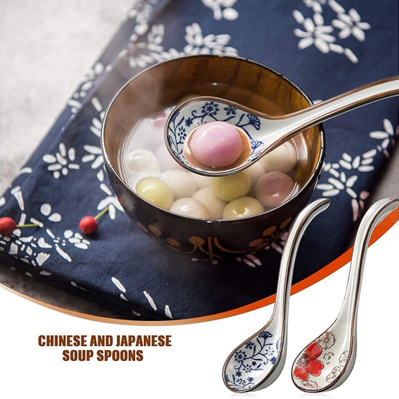 8 Stuks Aziatische Retro Chinese Keramische Rijstlepels Gebogen Handvat Ramen Soep Lepel Beschilderde Bloemenlepels Met Lange Steel