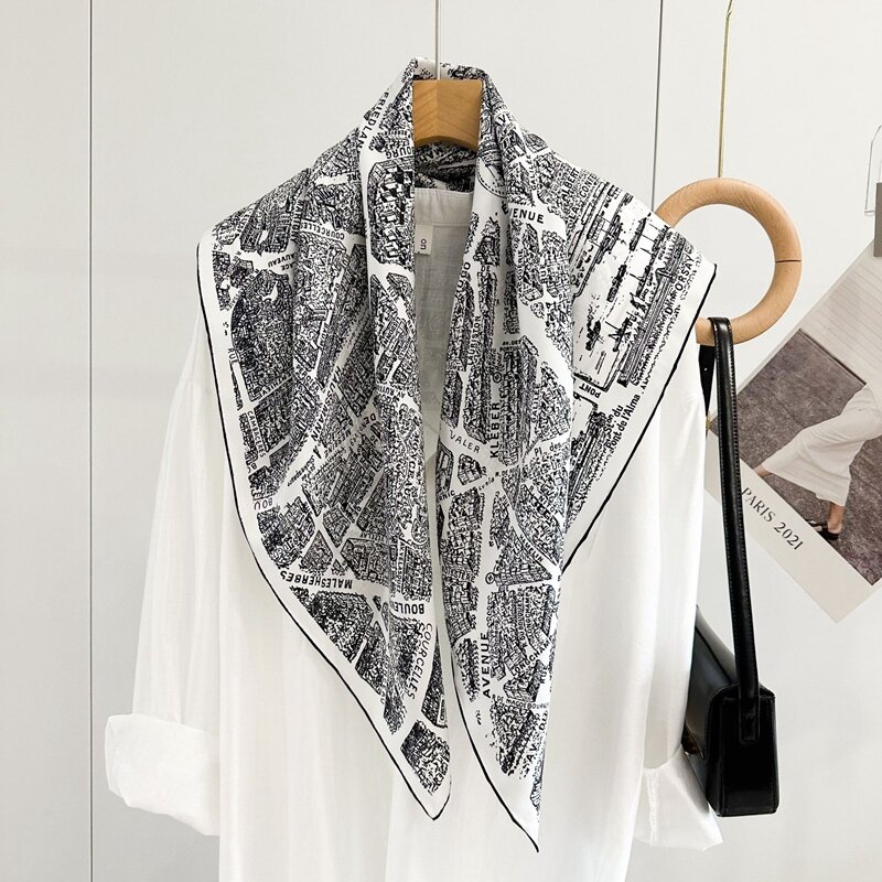 Syal sutra 90 100% syal sutra kepar hitam putih cetak mode selendang sutra jubah untuk wanita
