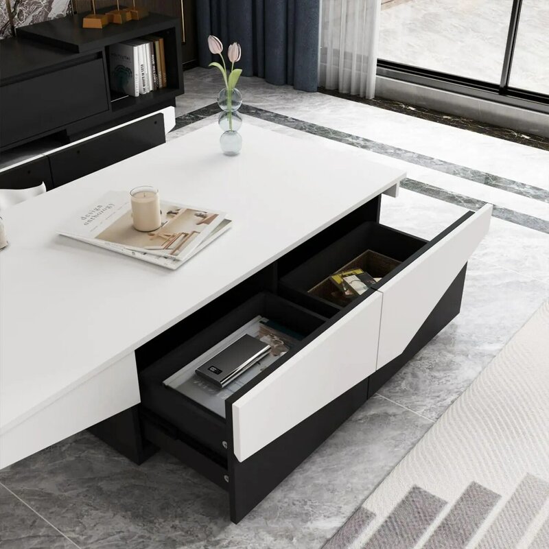 Mesa de centro moderna com 4 gavetas, mesa da sala com armazenamento, madeira branca e preta