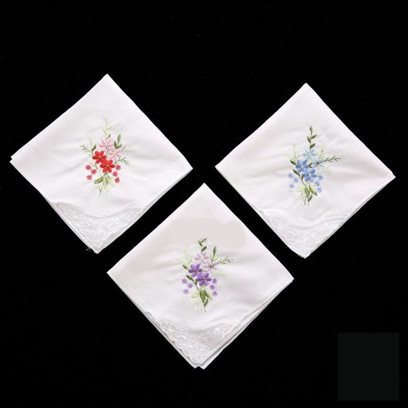 Ladies Cotton Embroidery Handkerchiefs Womens Soft Solid Candy Color Flowers Lace Edging Hankies for Wedding Party