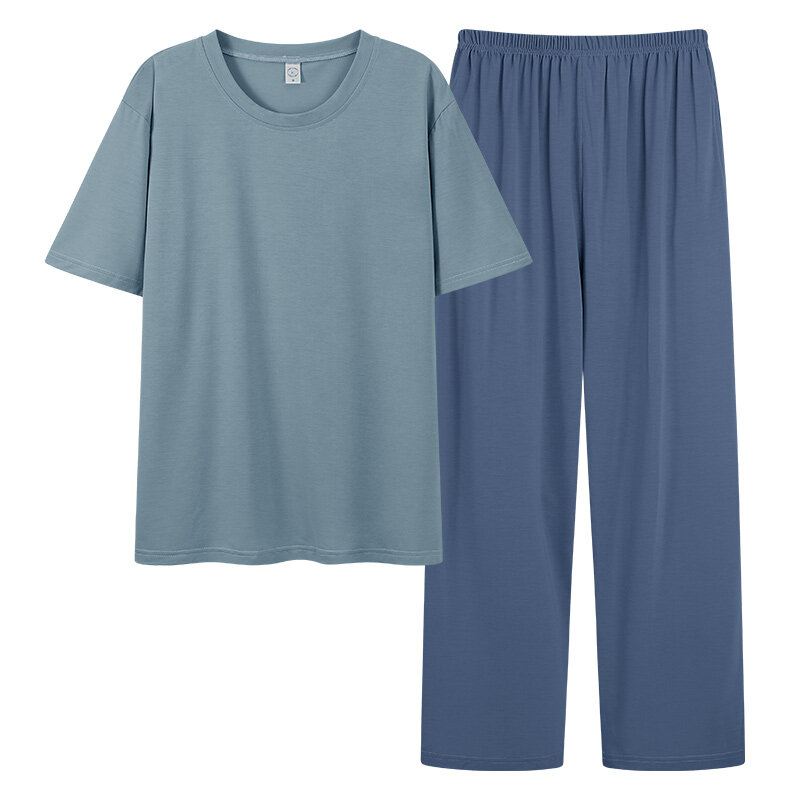Set piyama Modal lembut pria, baju tidur atasan lengan pendek + celana panjang, pakaian rumah untuk lelaki musim panas