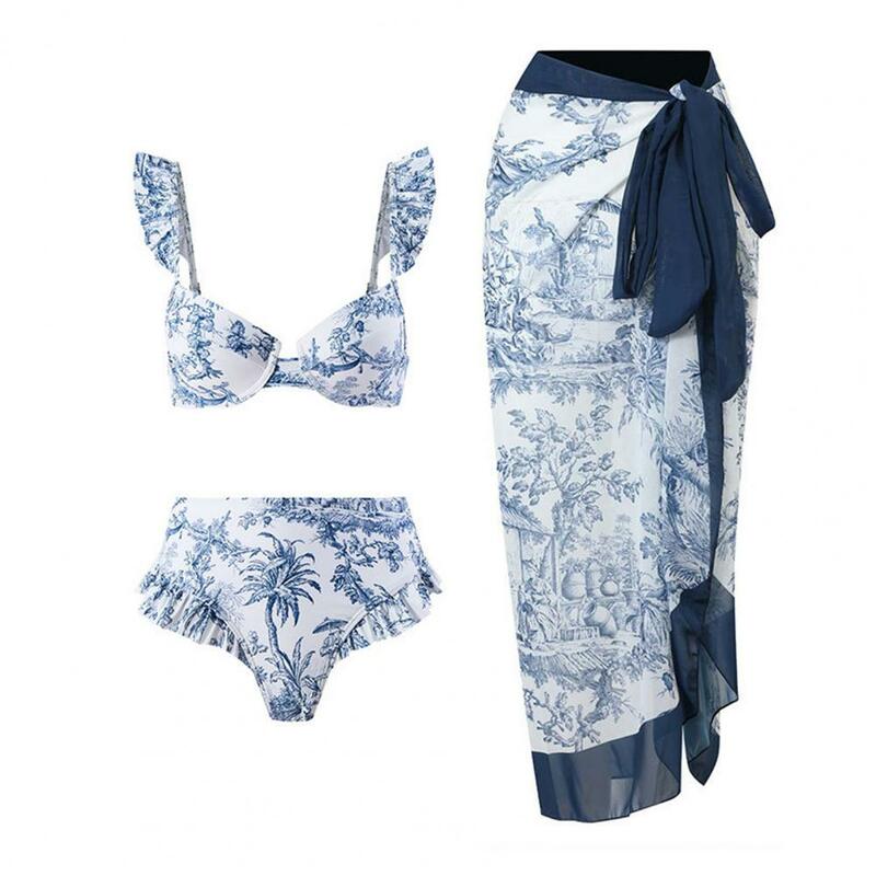 Maillot de bain style bohème pour femmes, ensemble bikini avec manches à volants, soutien-gorge taille haute, imprimé floral, plage
