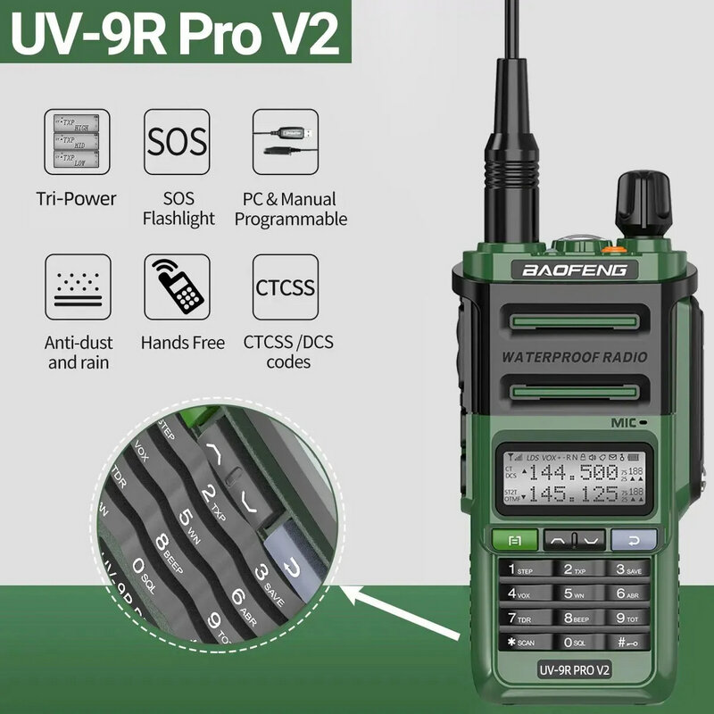 Baofeng-walkie-talkie UV-9R Pro V2, resistente al agua IP68, cargador tipo c, potente UHF, VHF, Radio Ham de largo alcance