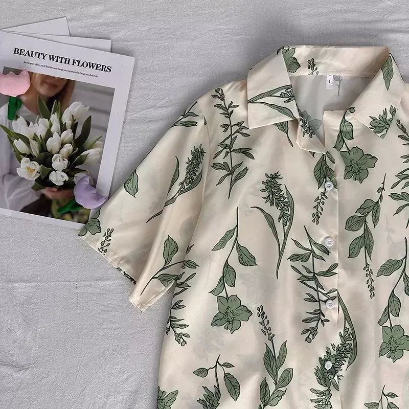 EBAIHUI-Blusas de folhas impressas para mulheres, gola virada para baixo, manga curta, camisas elegantes, botão de escritório casual, tops vintage, blusas de outono