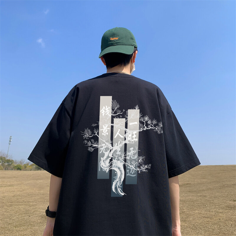 Camisetas masculinas de manga curta estilo chinês, moda algodão Y2K streetwear, camiseta hip-hop, camiseta respirável extragrande