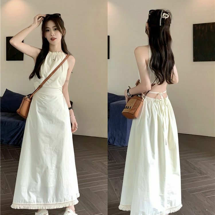 2024 Spring/Summer Korean Edition New Hanging Strap Dress Fashionable Hollow Out Design Waist Closing Slim Long Dress