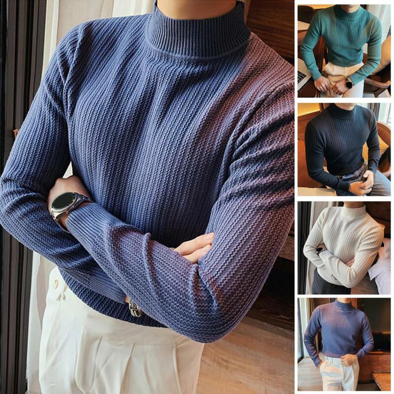 Large Size 3XL-M Autumn Winter Half Turtleneck Stripe Sweater Men Elastic Knitting Pullover Korean Slim Solid Tight Sweater Tops