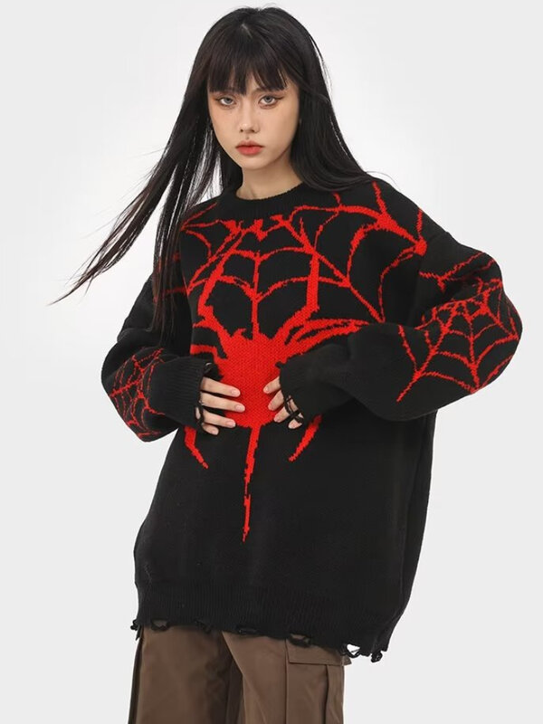 Sweaters Women Autumn O-neck Spider Print Contrast Color Hotsweet Ladies Knitwear American Retro High Street All-match Pullovers