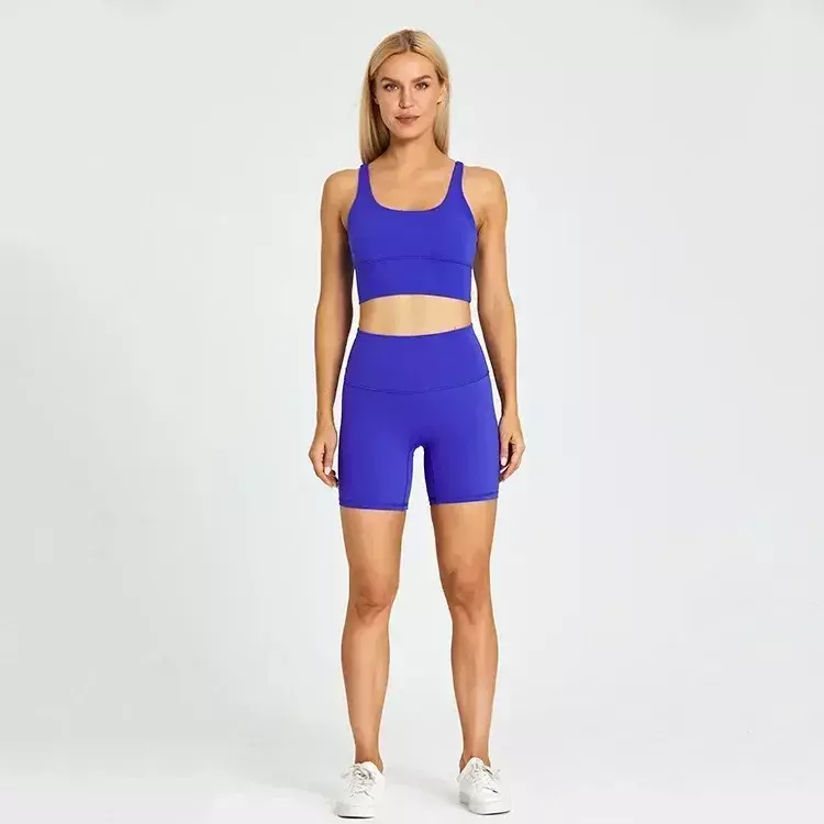 Lemon 2 potong set Yoga Gym nilon seksi 5 inci, set olahraga celana pendek pinggang V dan Bra elastis untuk lari pendek