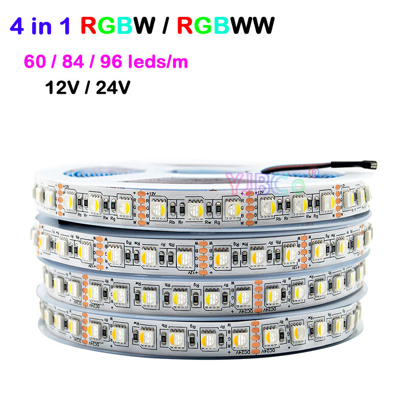 Tira de luces LED flexible de alto brillo, 5M, RGBW/RGBWW, 4 colores en 1, 60/84/96LED/m, 5050 SMD, cc 12V, 24V, IP30/65/IP67