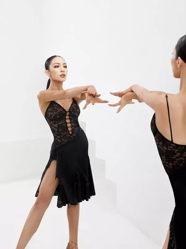 Latin Dance Top Wear mit BH Sommer kollektion Dances port Slim Fit schwarzer Spitzen bodysuit