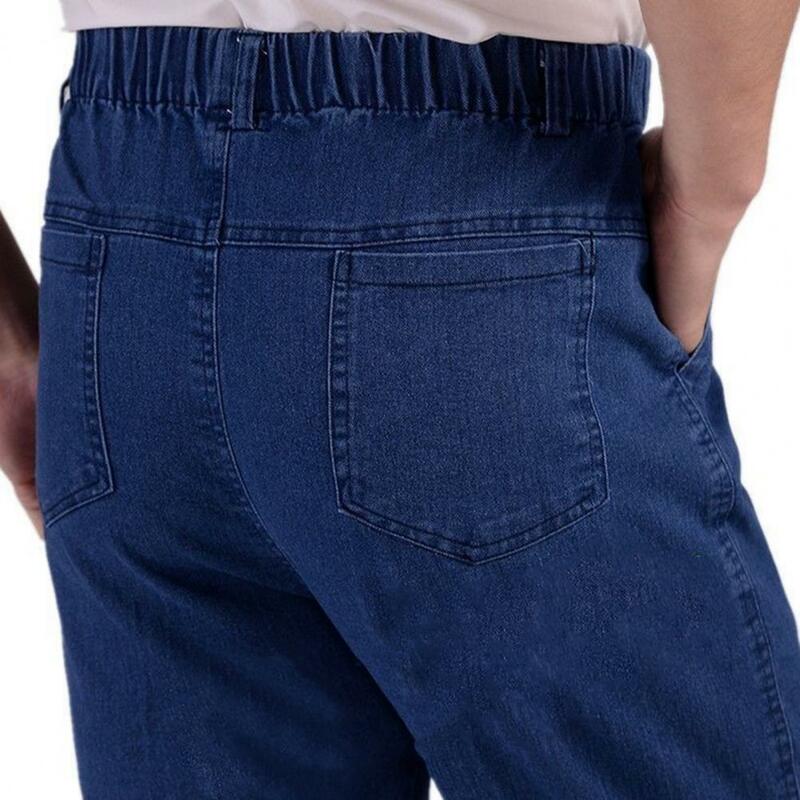 2023ยีนส์เอวยางยืดผู้ชายทรงสลิมฟิตเอวสูงมีกระเป๋าลำลองนุ่มตรงมีกระเป๋ายาวถึงข้อเท้าพ่อวัยกลาง