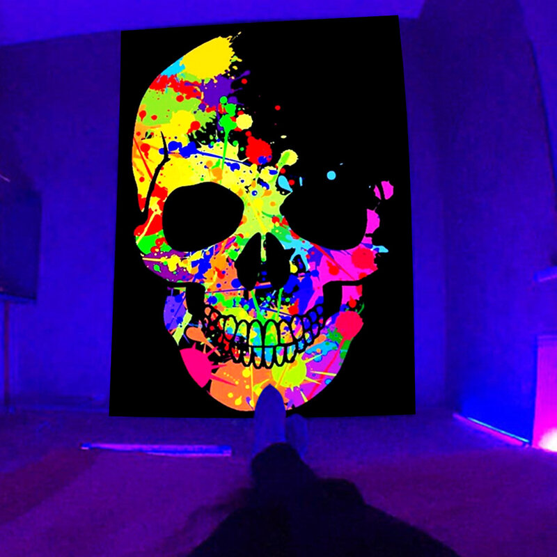 Szkielet i grzyb fluorescencyjny gobelin dekoracja domu estetyka hipisowski pokój sypialnia