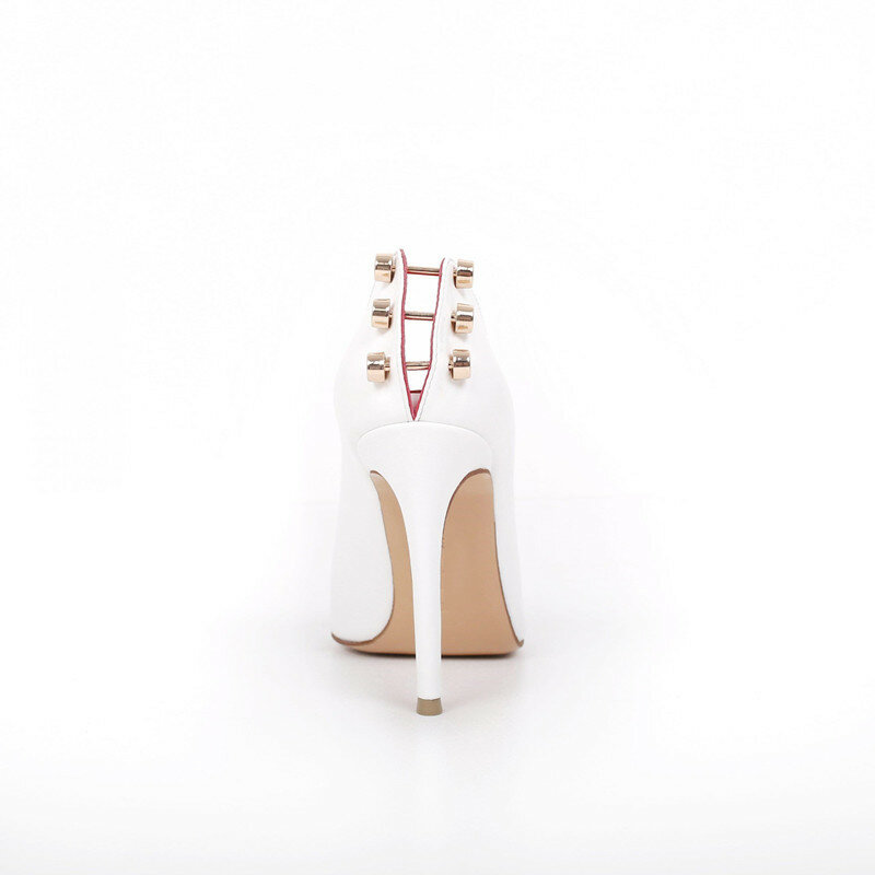 Zapatos de tacón alto con hebilla decorativa de Metal para mujer, tacones de aguja, sin cordones, puntiagudos, sexys, Color blanco/rojo