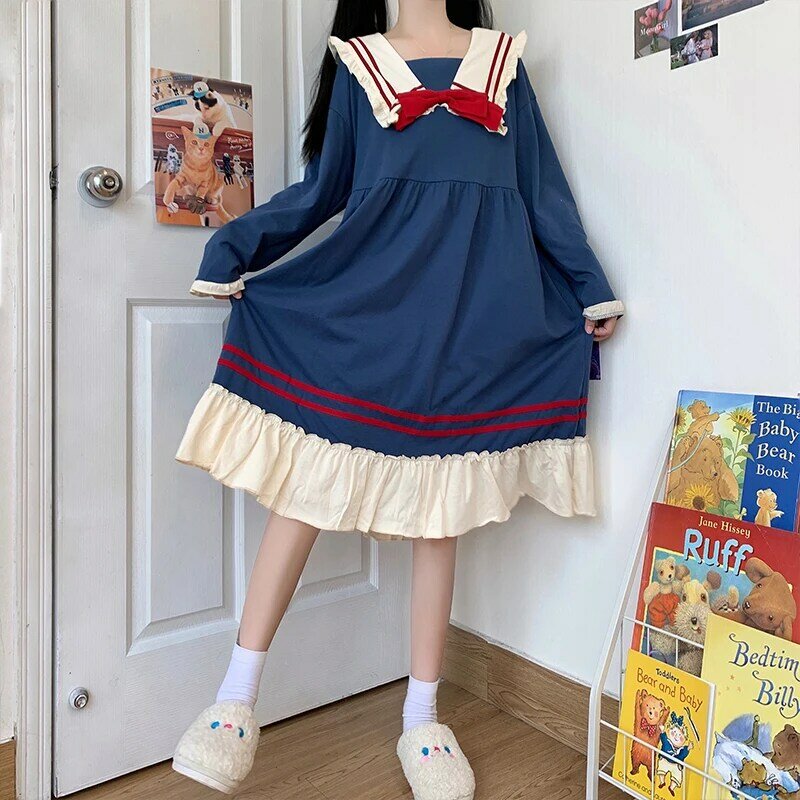 Autumn Kawaii New Japanese Sailor Collar Dresses Sweet Temperament Navy bowknot School Uniform Girls Cute Casual Dress
