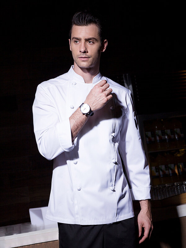 Wysokiej jakości koszula szefa z długim rękawem restauracja kucharz jednolity Hotel Unisex gotowanie ubrania Catering mężczyzna kelner kombinezony