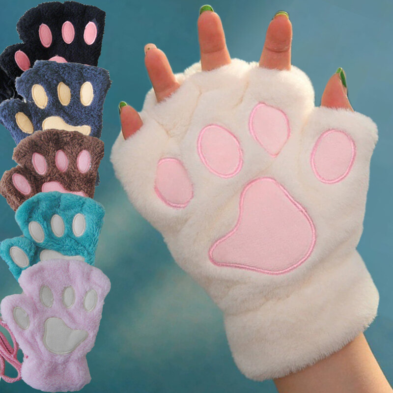 Cartoon słodki kociak pazur pazur rękawiczki damskie pluszowe rękawiczki ciepłe miękki pluszowy krótkie puszyste niedźwiedzie rękawiczki dla kota kostium pół palca