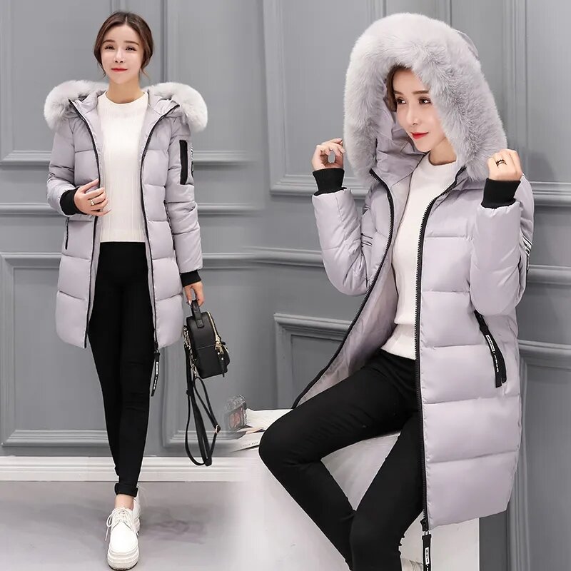 Jaqueta acolchoada em algodão com colarinho de pele grande para mulheres, casaco fino e fino, roupas acolchoadas em algodão, seção longa, moda inverno, nova