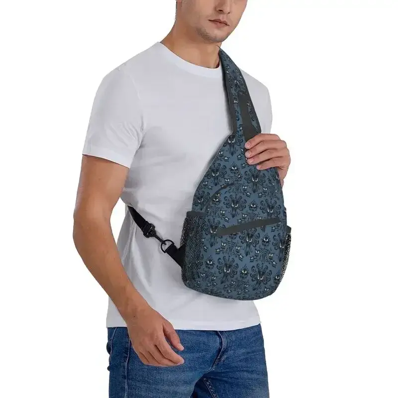 Blue Haunted Mansion Pattern Sling Chest Crossbody Bag Men Fashion Ghost Halloween Shoulder Backpack for Traveling