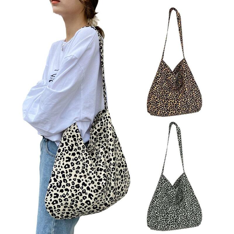 Tas kurir motif macan tutul, tas belanja untuk wanita kapasitas besar, tas Satu bahu Mode Korea, tas kanvas kasual serbaguna Y7P9