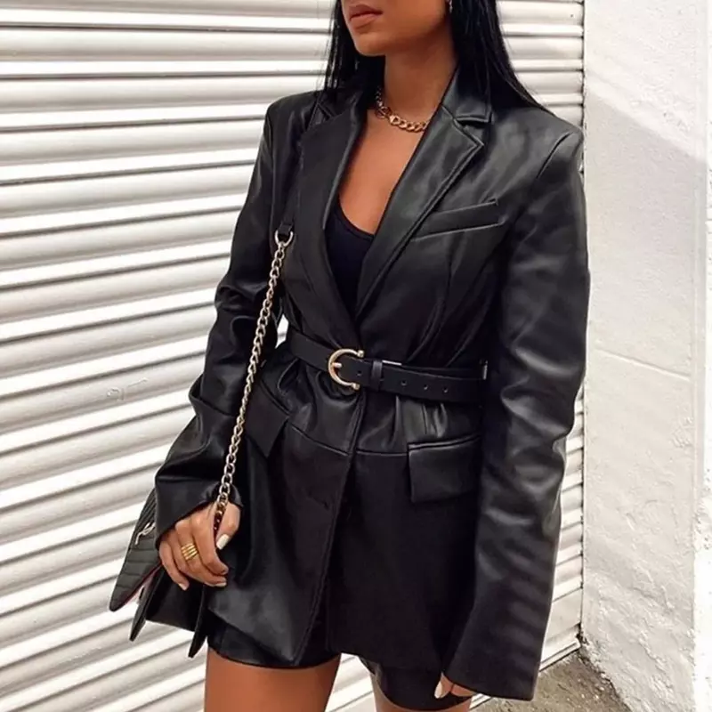 Women Spring Black Faux Leather Jacket Long Sleeve Lapel Single Breasted Leather New Winter Female Fashion High Street Long Coat