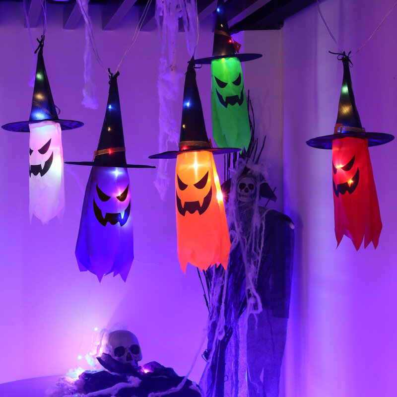 LED 할로윈 장식 플래시 라이트 안개꽃 유령 축제 드레스 업, 빛나는 마법사 유령 모자 램프 걸이식 장식, Y2K 45-80cm