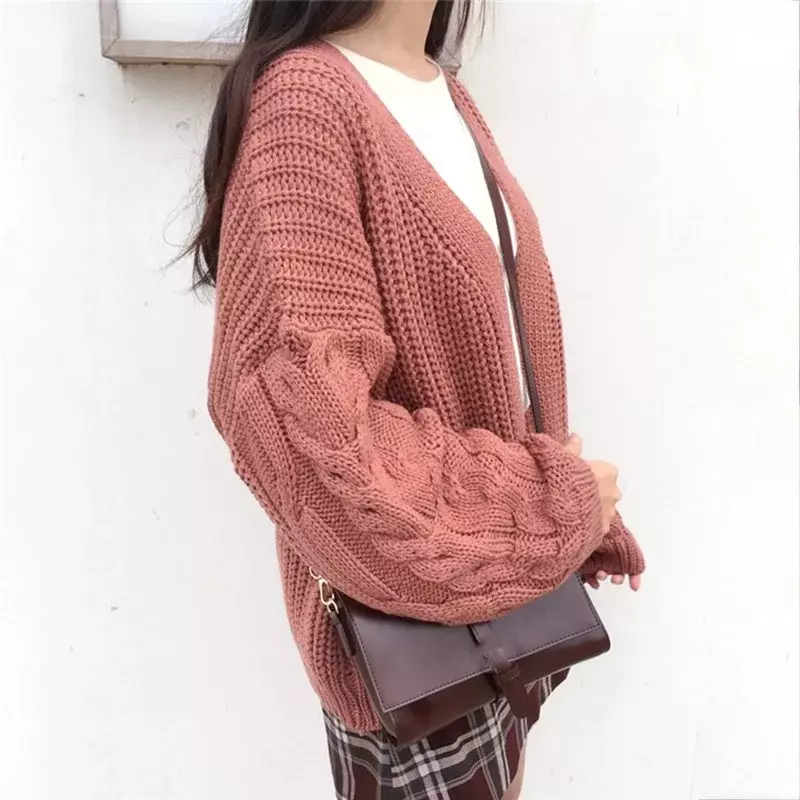 Suéter de punto de gran tamaño para mujer, abrigo de manga larga trenzado, cárdigan de color marrón, moda coreana, otoño e invierno, 2022