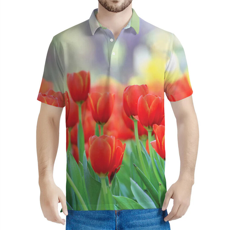 Homens e mulheres Flower Tulip Pattern Polo Shirts, 3D Floral Print, Short Sleeves, Casual Street Button, Oversized Lapel Tees, Mulheres